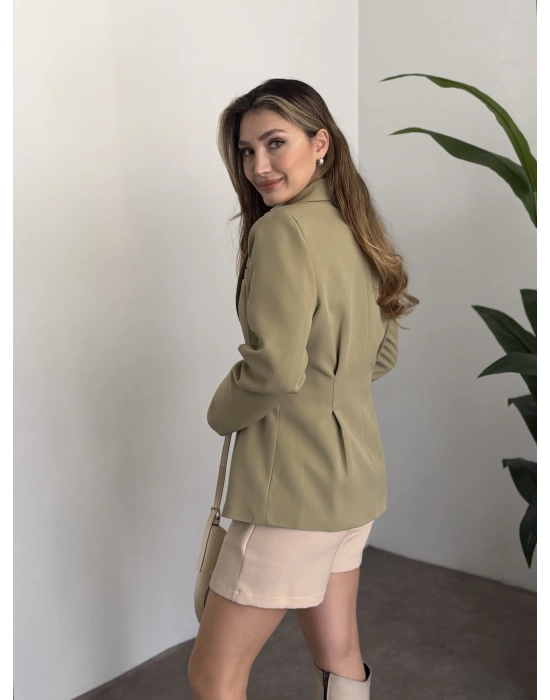 Tek düğme belden oturan blazer ceket yeşil