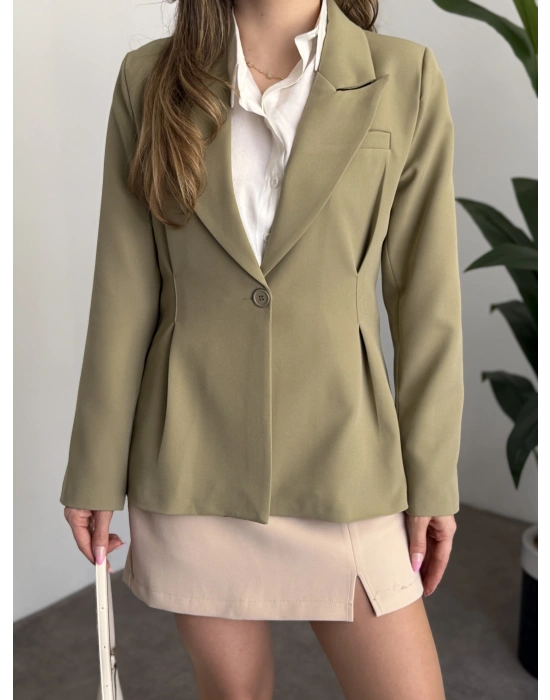 Tek düğme belden oturan blazer ceket yeşil
