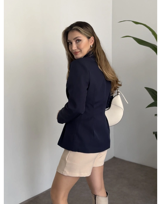 Tek düğme belden oturan blazer ceket Lacivert