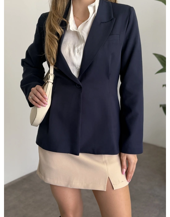 Tek düğme belden oturan blazer ceket Lacivert