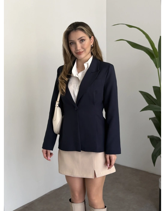 Tek düğme belden oturan blazer ceket Lacivert