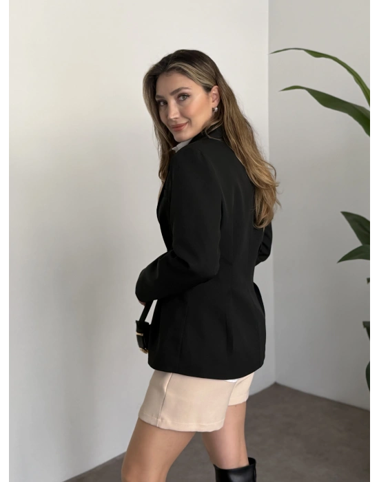 Tek düğme belden oturan blazer ceket siyah