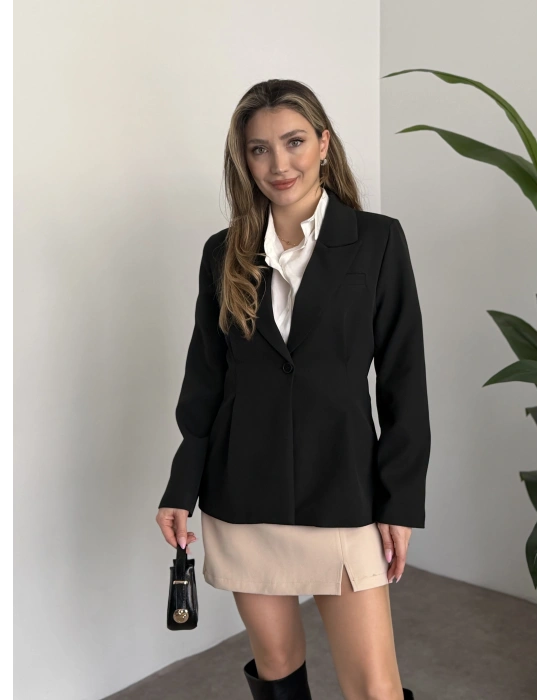 Tek düğme belden oturan blazer ceket siyah