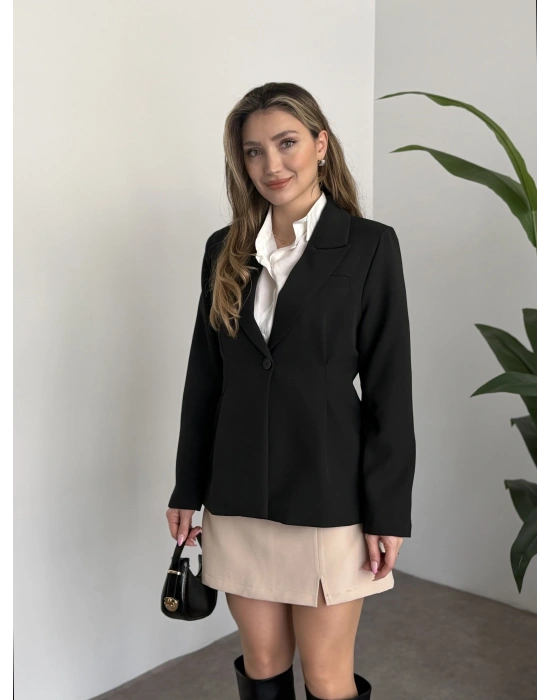 Tek düğme belden oturan blazer ceket siyah