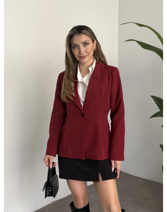 Tek düğme belden oturan blazer ceket bordo