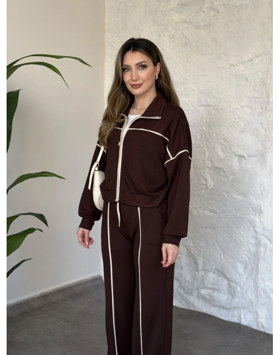 Premium ara biye detaylı fermuarlı takım kahve