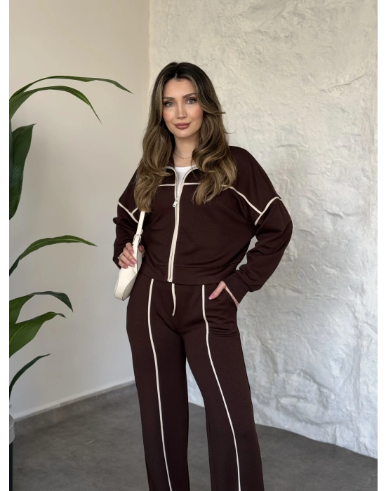 Premium ara biye detaylı fermuarlı takım kahve