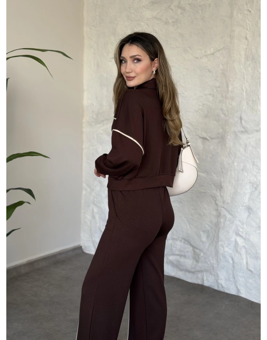 Premium ara biye detaylı fermuarlı takım kahve