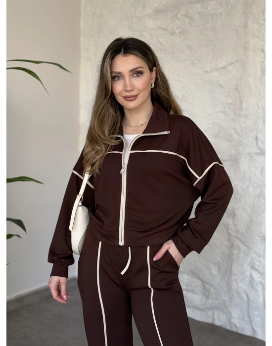 Premium ara biye detaylı fermuarlı takım kahve