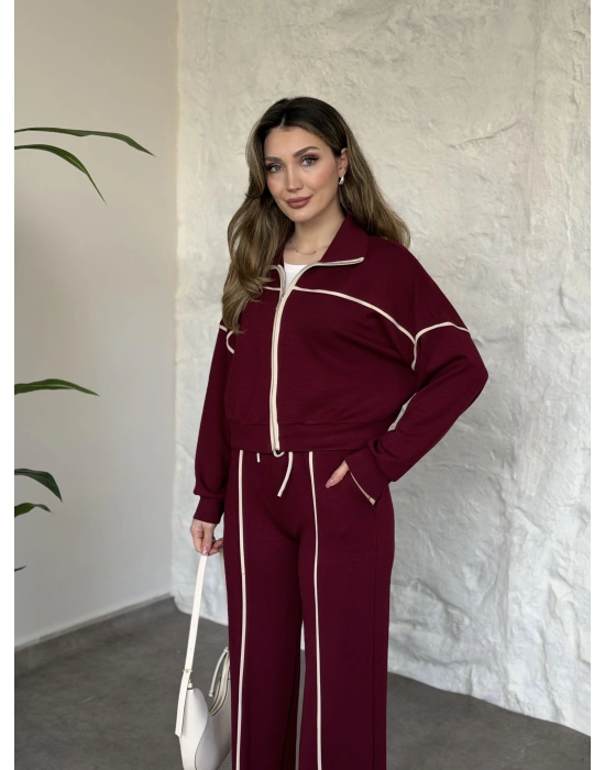 Premium ara biye detaylı fermuarlı takım bordo