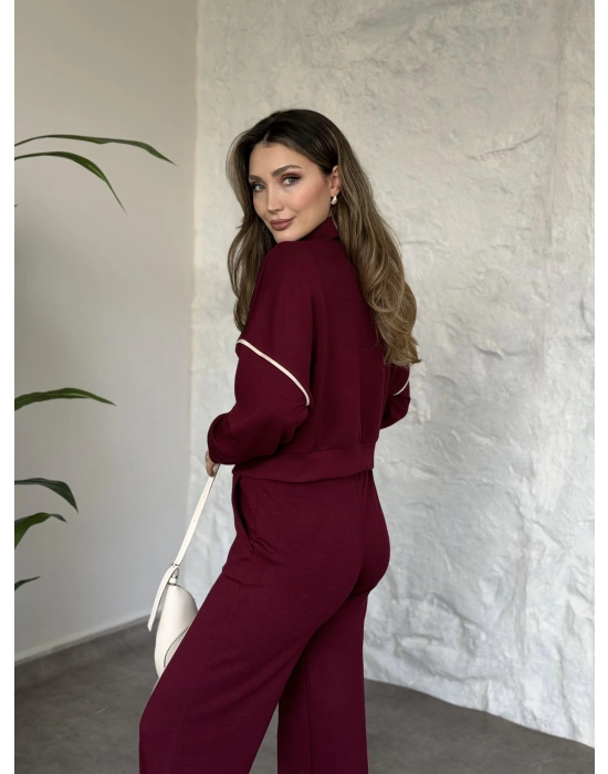 Premium ara biye detaylı fermuarlı takım bordo