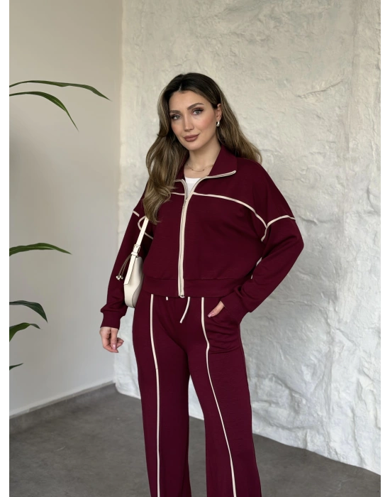 Premium ara biye detaylı fermuarlı takım bordo