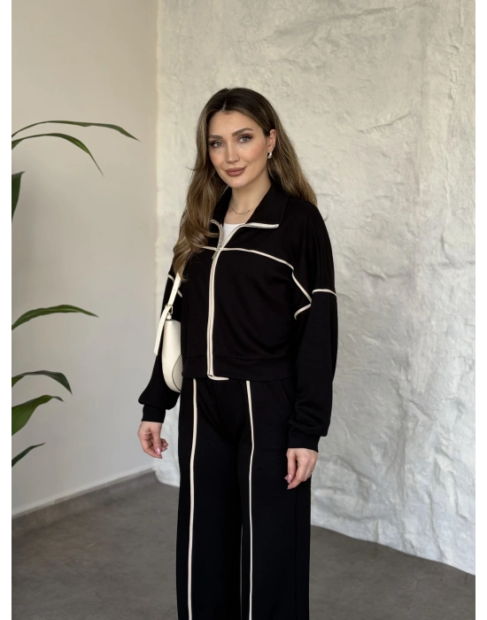 Premium ara biye detaylı fermuarlı takım siyah