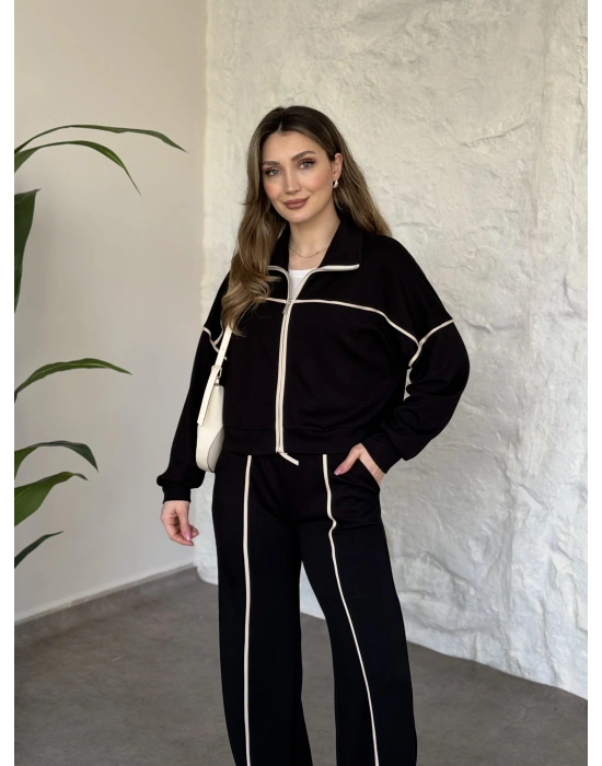 Premium ara biye detaylı fermuarlı takım siyah