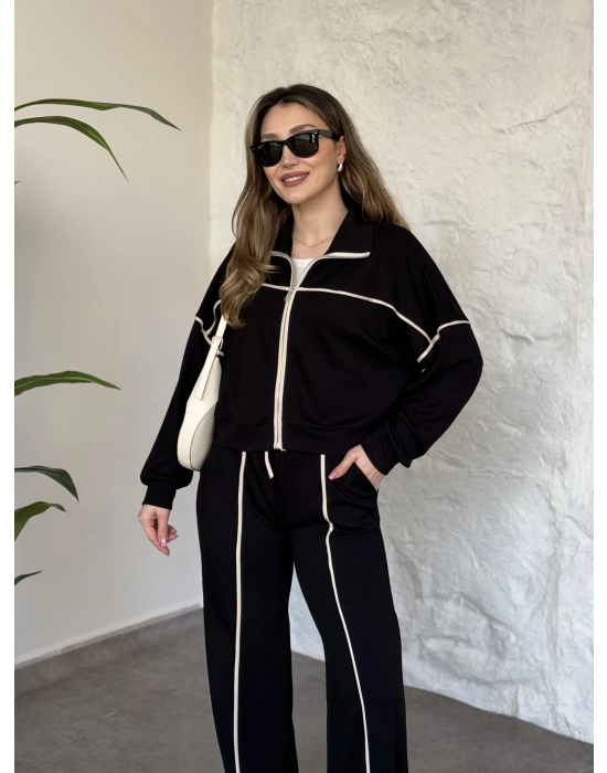 Premium ara biye detaylı fermuarlı takım siyah