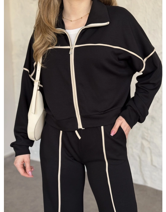 Premium ara biye detaylı fermuarlı takım siyah