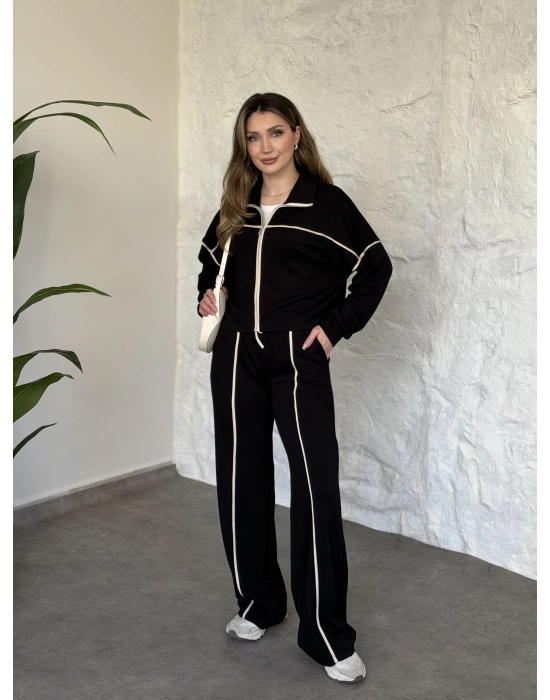 Premium ara biye detaylı fermuarlı takım siyah