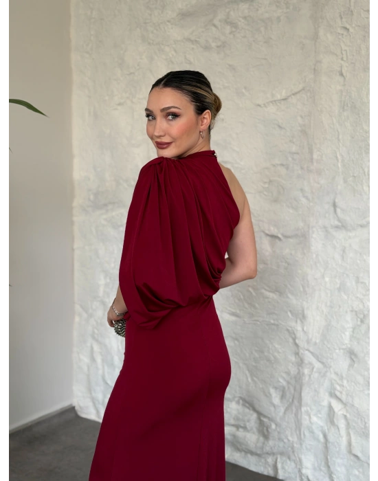 Tek omuz yarasa kol detaylı büzgülü elbise kırmızı