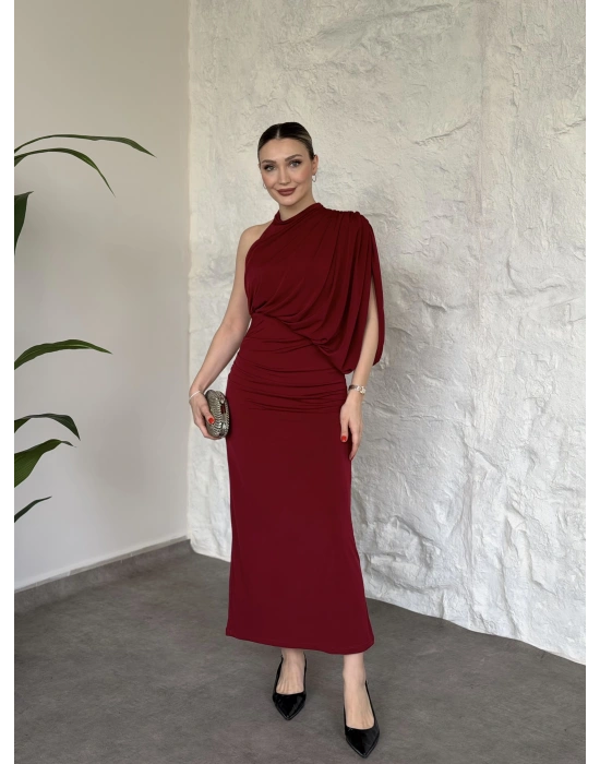Tek omuz yarasa kol detaylı büzgülü elbise kırmızı