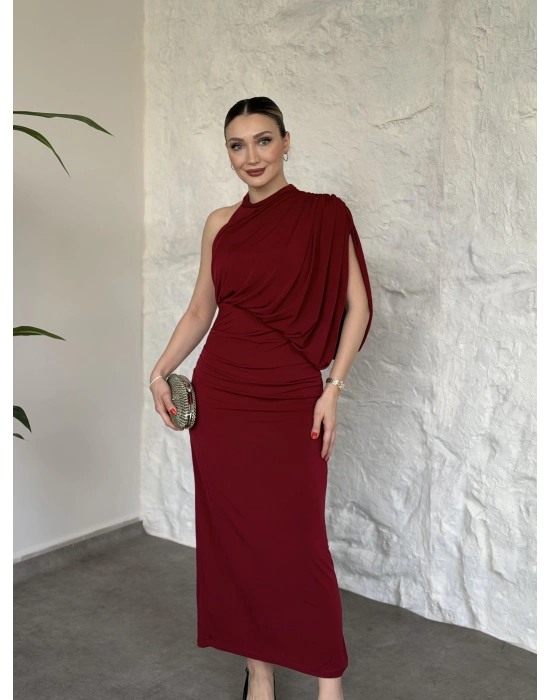Tek omuz yarasa kol detaylı büzgülü elbise kırmızı