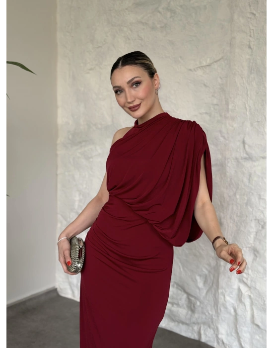 Tek omuz yarasa kol detaylı büzgülü elbise kırmızı