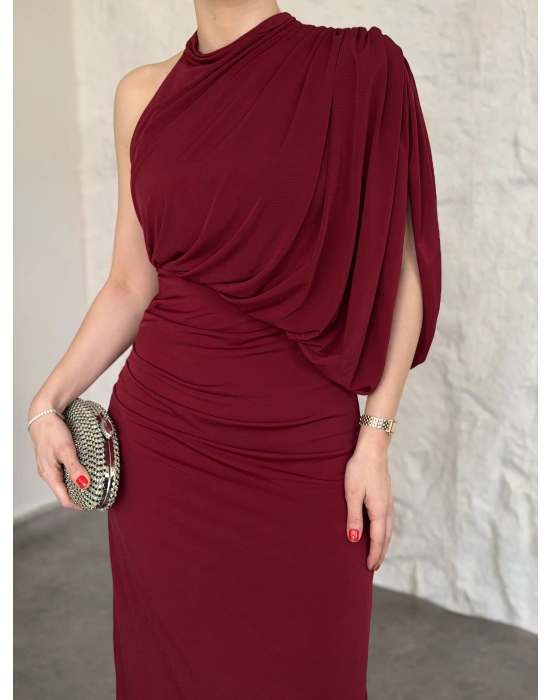 Tek omuz yarasa kol detaylı büzgülü elbise kırmızı