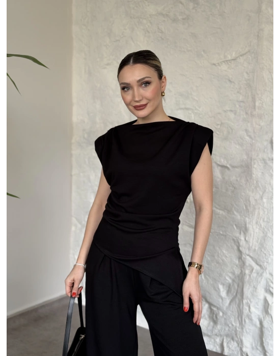 Asimetrik kesim omuzu vatkalı takım siyah