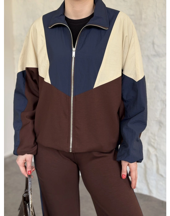 Garnili paraşüt kumaş detaylı ikili takım acı kahve