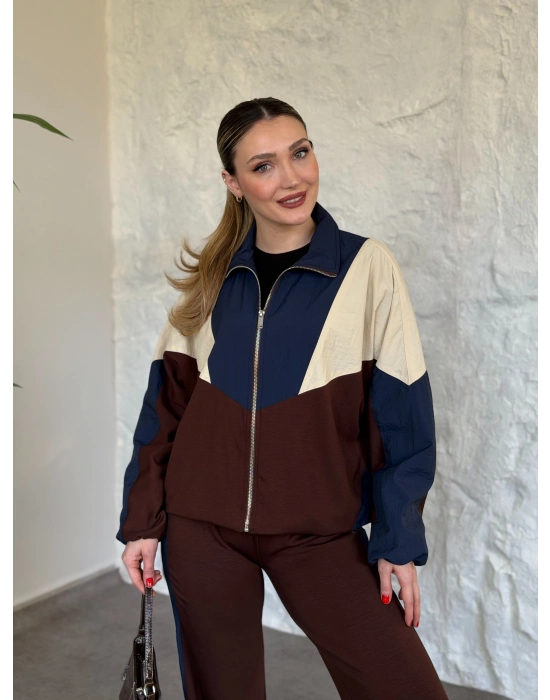 Garnili paraşüt kumaş detaylı ikili takım acı kahve