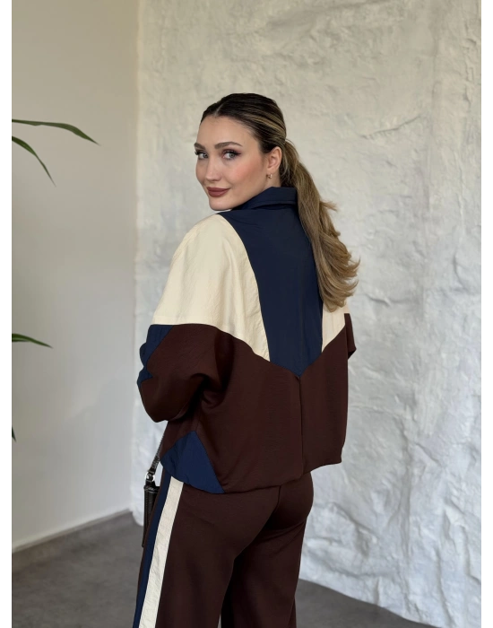 Garnili paraşüt kumaş detaylı ikili takım acı kahve