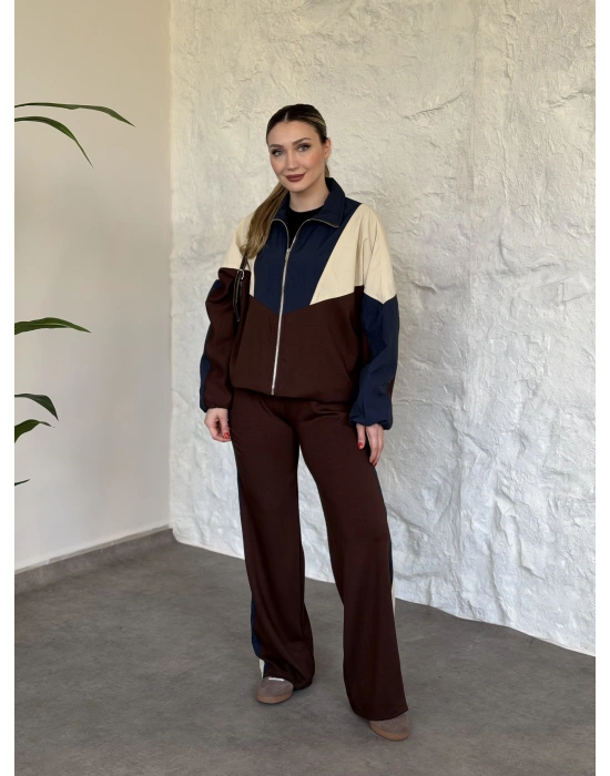 Garnili paraşüt kumaş detaylı ikili takım acı kahve