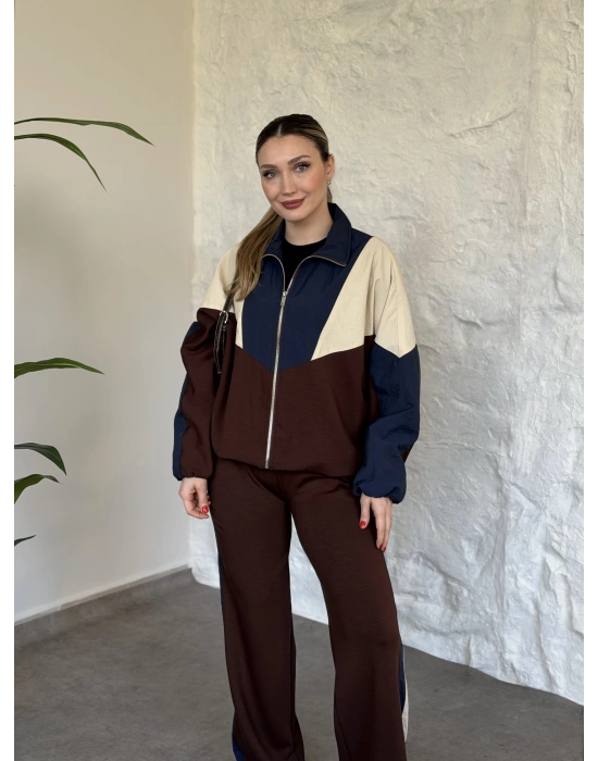 Garnili paraşüt kumaş detaylı ikili takım acı kahve