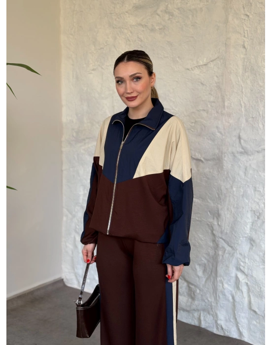 Garnili paraşüt kumaş detaylı ikili takım acı kahve