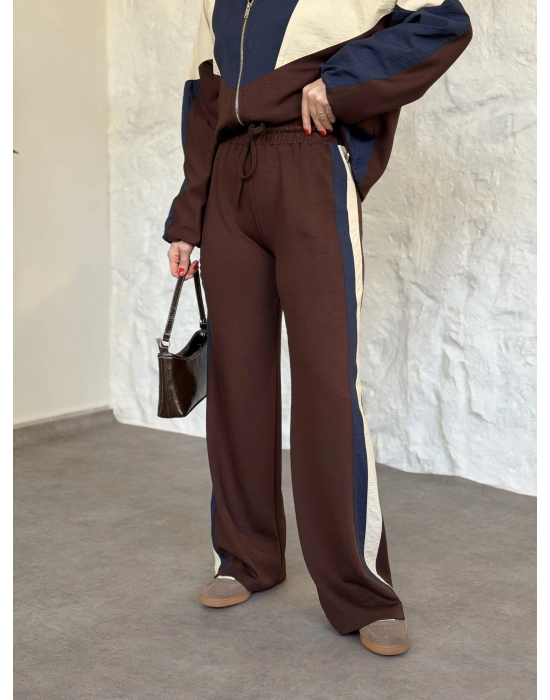 Garnili paraşüt kumaş detaylı ikili takım acı kahve