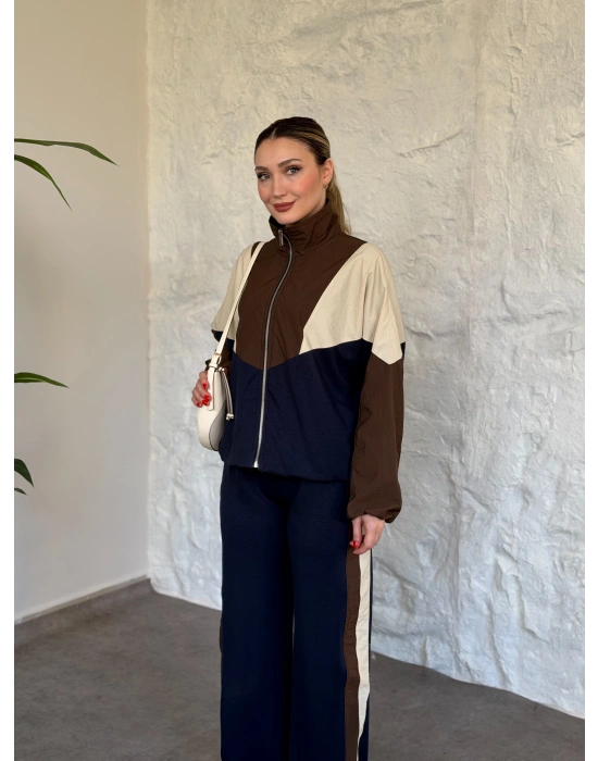 Garnili paraşüt kumaş detaylı ikili takım lacivert