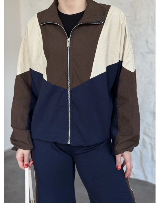 Garnili paraşüt kumaş detaylı ikili takım lacivert