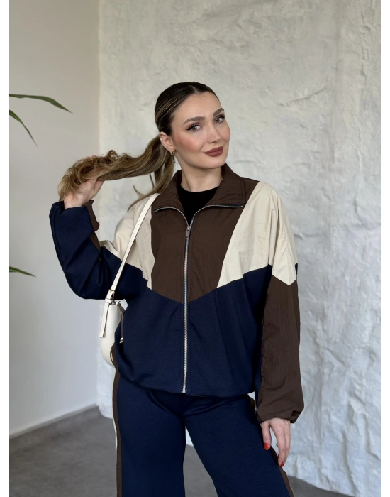 Garnili paraşüt kumaş detaylı ikili takım lacivert