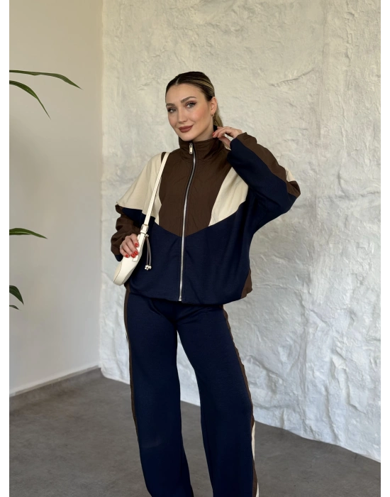 Garnili paraşüt kumaş detaylı ikili takım lacivert