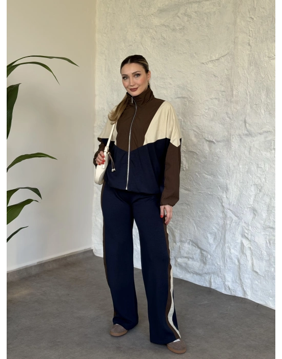 Garnili paraşüt kumaş detaylı ikili takım lacivert