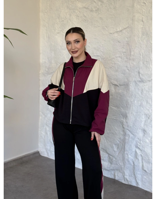 Garnili paraşüt kumaş detaylı ikili takım fuşya