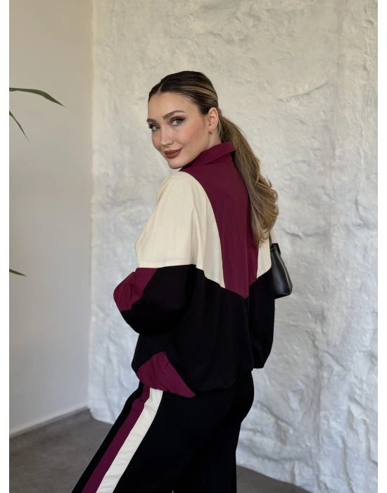 Garnili paraşüt kumaş detaylı ikili takım fuşya