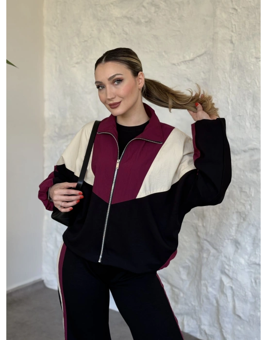 Garnili paraşüt kumaş detaylı ikili takım fuşya