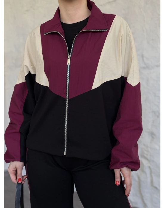 Garnili paraşüt kumaş detaylı ikili takım fuşya