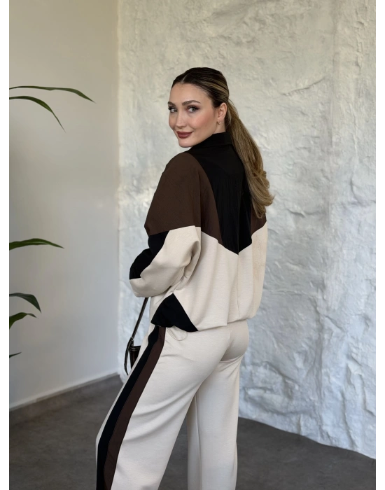 Garnili paraşüt kumaş detaylı ikili takım krem