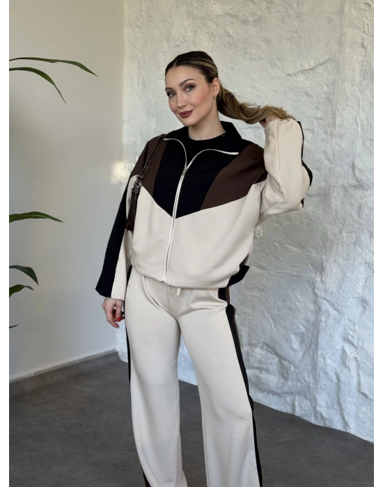 Garnili paraşüt kumaş detaylı ikili takım krem