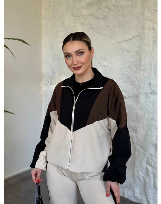 Garnili paraşüt kumaş detaylı ikili takım krem