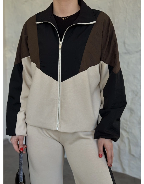 Garnili paraşüt kumaş detaylı ikili takım krem