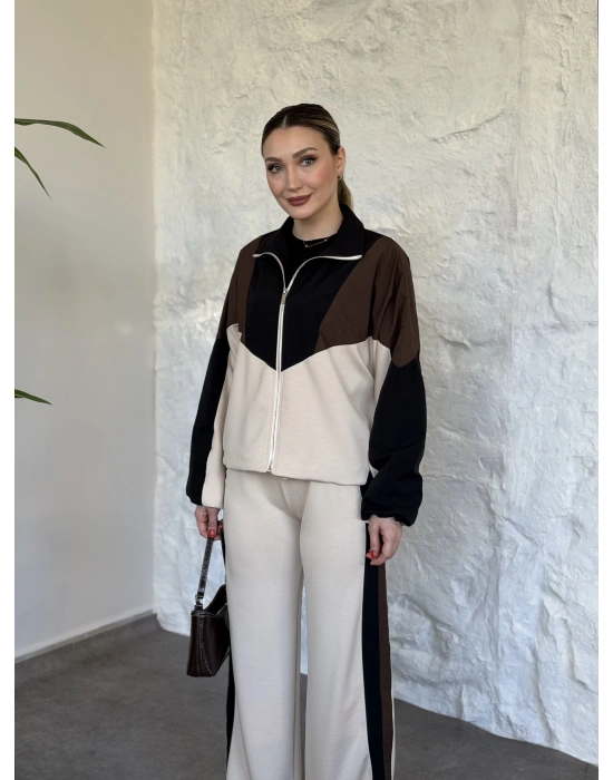 Garnili paraşüt kumaş detaylı ikili takım krem