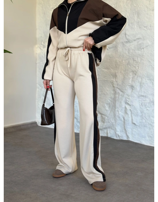 Garnili paraşüt kumaş detaylı ikili takım krem