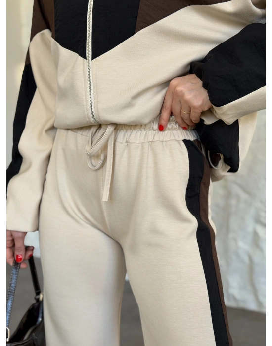 Garnili paraşüt kumaş detaylı ikili takım krem